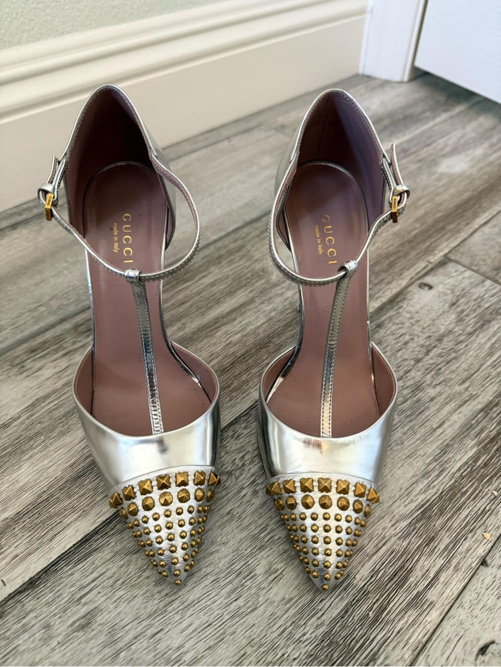 Gucci Silver Pointed T-Strap Heels with Gold Studs